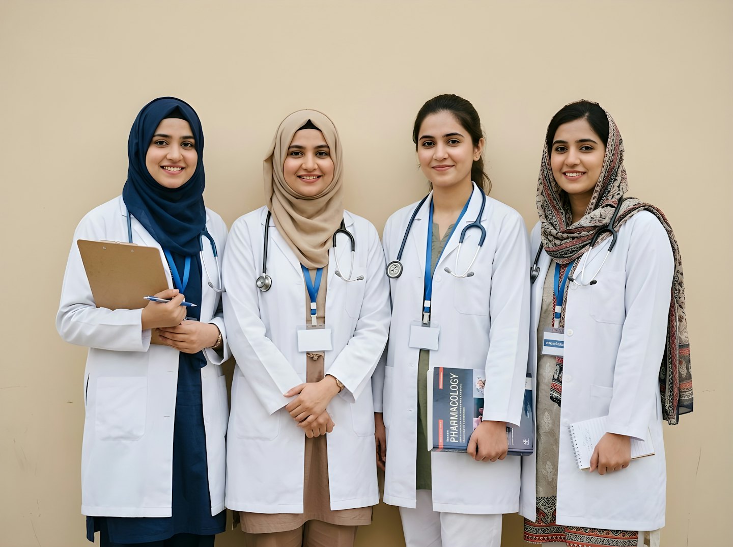 Four diverse women in lab coats and stethoscopes smile together.